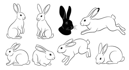 Adorable cartoon rabbits in various poses for spring designs or easter coloring pages with black silhouette