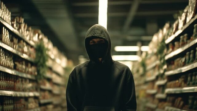 Mystery in the Aisle: A hooded figure stands boldly between rows of store shelves, its shadowed visage concealing intent, a symbol of enigma, and the unspoken, enhanced by evocative lighting.