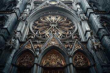 Obraz premium Elaborate rose window in stone gothic church design 