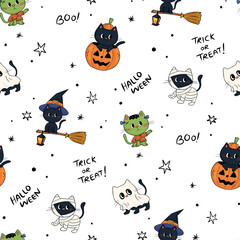 Fototapeta premium Cute repeating pattern of cats in various Halloween costumes like mummy, ghost, pumpkin, and witch on transparent background. Perfect for festive designs, fabric print, backgrounds 