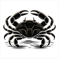 Crab Silhouette vector illustration : with Ocean Wave Design; Nautical, Seafood, Bold, Detailed, Monochrome Graphic Illustration.