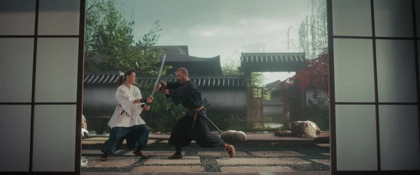Sword Fight in Historical Japanese Attire with a Man and Woman Clashing Katanas Outside a Castle Gate. Their Fast and Calculated Movements Showing Authentic Martial Arts Technique. Zoom Out Shot
