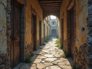 Fototapeta premium Rustic Passageway with Wooden Doors: A narrow rustic passage lined with old wooden doors, textures of history in every corner.
