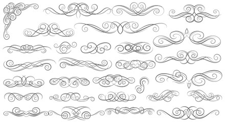 Collection of elegant, swirling calligraphic flourishes and ornamental dividers in a vintage style, isolated on white.