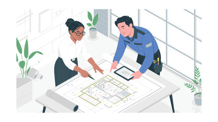 Architect and Contractor Reviewing Building Plans with a Tablet: Teamwork, Construction, and Design Collaboration for Home Improvement Projects and Innovative Solutions