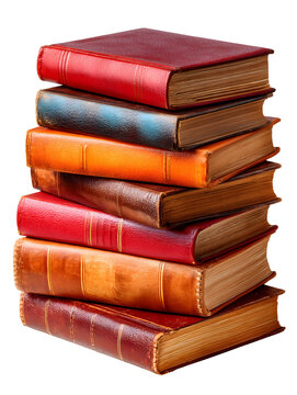 Stack of vintage books with textured covers against a transparent background