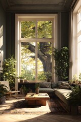 Fototapeta premium Cozy garden interior with natural light and window seat