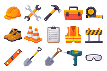 Construction Site Tools and Equipment Essential Building Gear for Safety and Productivity Comprehensive Collection of Worksite Items