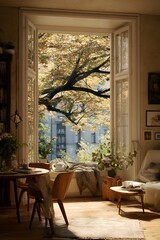 Fototapeta premium Cozy wooden interior with natural light and window seat