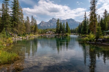 Serene mountain lake reflecting a vibrant sky