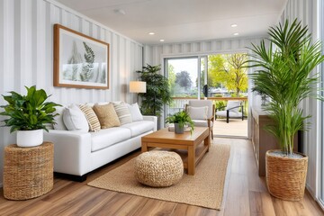 Modern living room interior design featuring white sofa and wooden furniture