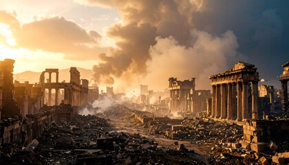 Ancient City Ruins at Sunset  Destroyed Roman Architecture with Dramatic Sky.