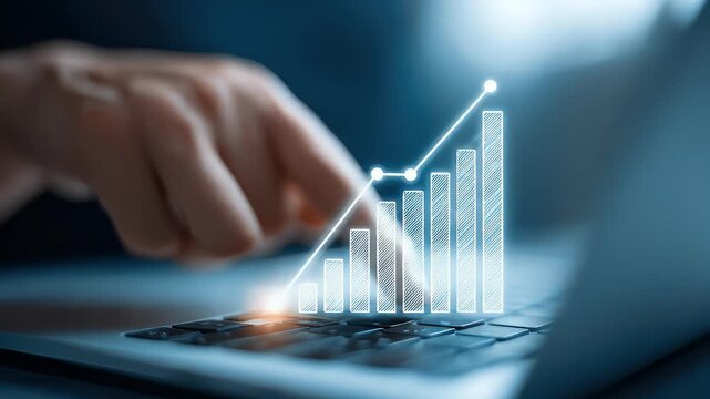Hand touching a growing bar graph on a laptop keyboard