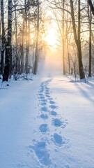 Obraz premium Winter forest trail at sunrise with footprints and fog