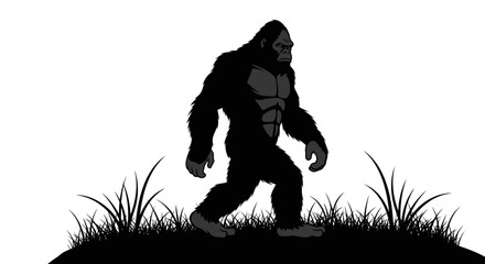 Silhouette of a gorilla walking on grass, depicted in black and white with a minimalist aesthetic.