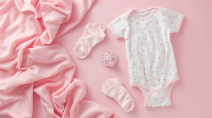 "Flatlay of Baby Clothes and Accessories on Pastel Background"