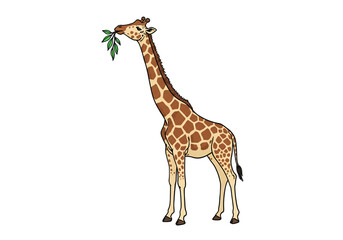Naklejka premium Cartoon Giraffe Eating Leaves Illustration on Black Background png, isolated on transparent background