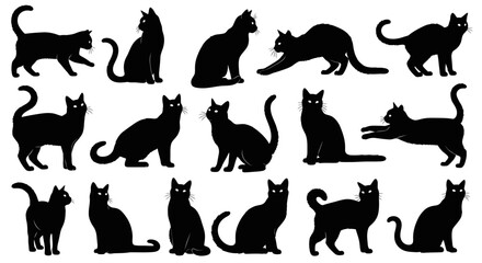 A collection of fifteen black cat silhouettes in various poses, including sitting, stretching, walking, and standing, arranged in rows.