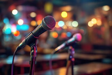 Covid Concert: Microphones and Bokeh Lights Capturing Live Music Performance at Club Post-Pandemic