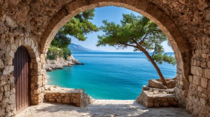Stone archway framing breathtaking view of the turquoise mediterranean sea