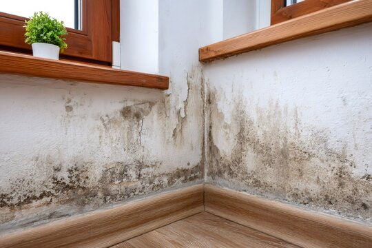 Black mold growing on white wall by window frame