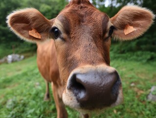 Cow With Ear Tag. Close Up Portrait of Brown Dairy Heifer with Ownership Tag in Green Field