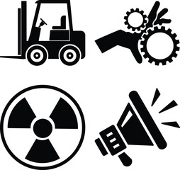 Vector set of industrial safety warning icons including forklift, radiation hazard, gear injury risk, and announcement megaphone. Perfect for signage, manuals, and workplace safety designs.