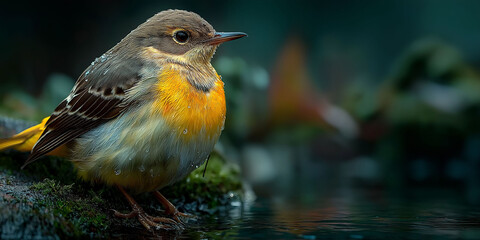 Elegant Taiga Flycatcher Bird Perched Calmly with Resting Wings in Scenic Forest 美しい野鳥ニシオジロビタキ