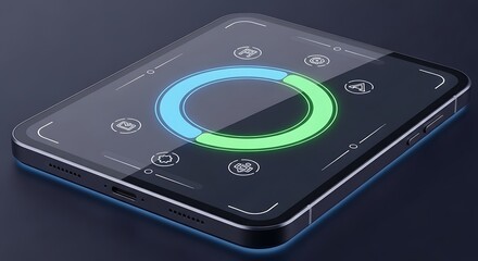 Futuristic Tablet Displaying Progress Circular Neon Interface