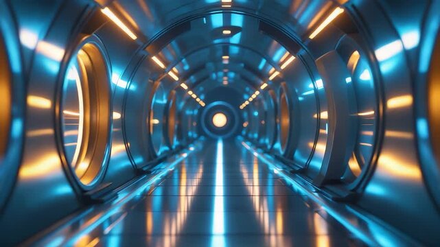 Futuristic Metallic Tunnel with Blue and Gold Lights Circular Windows and Floor Reflection