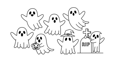 Spooky cute ghosts gather for Halloween fun, featuring a pumpkin and a spooky graveyard scene