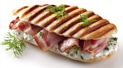 Grilled sandwich with bacon and creamy dill spread.