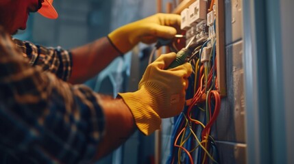 "Electrician Installing Smart Home Wiring Inside Wall"