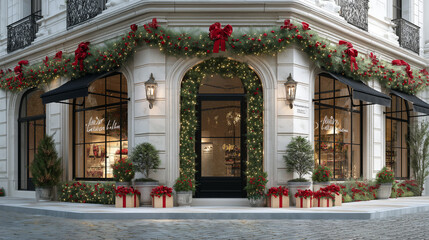 Elegant storefront decorated for Christmas, wide perspective, festive urban vibe.