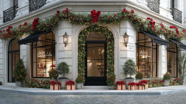 Elegant storefront decorated for Christmas, wide perspective, festive urban vibe. - Powered by Adobe