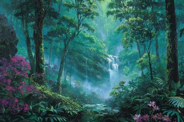 Fototapeta premium Lush tropical forest scene with waterfall