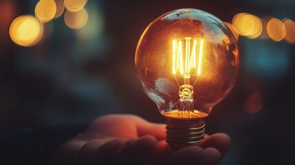 A person's hand holds up a lit Edison bulb against a bokeh background.