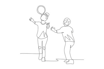 Students play ball during break. Recess concept one-line drawing