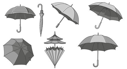 Various illustrations of umbrellas showcasing different angles, open and closed, isolated on white. © Muflif