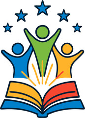 Vector logo of an open book with three human figures and shining stars above, symbolizing education, teamwork, creativity, knowledge, success, growth, and inspiration.