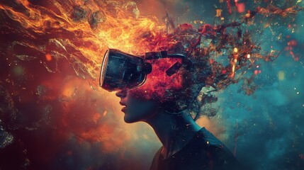 Abstract art illustration of a person wearing VR headset with fire and smoke bursting from their head