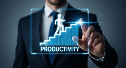 Businessman touching productivity graph with person climbing stairs growth success