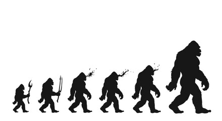 Silhouette illustration showing the evolution of man from ape to modern human form, walking from left to right.