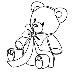 Adorable teddy bear with a bow is sitting  one line art drawing 