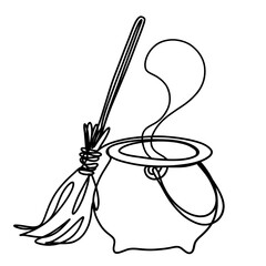 Witch's cauldron and broomstick  one line