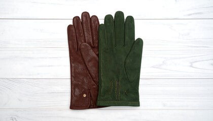 Leather and Suede Gloves on Wooden Surface