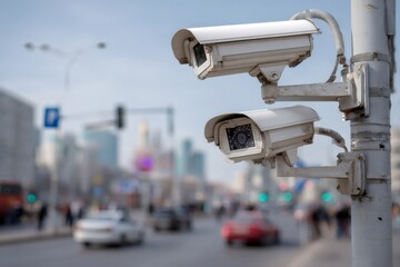 Security cameras monitoring busy city street traffic