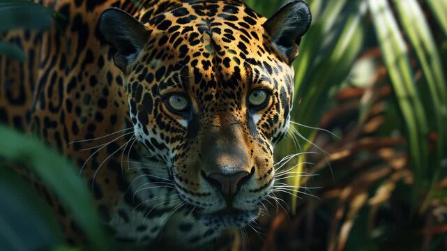 Close-up shot of a leopard's face in a dense jungle environment