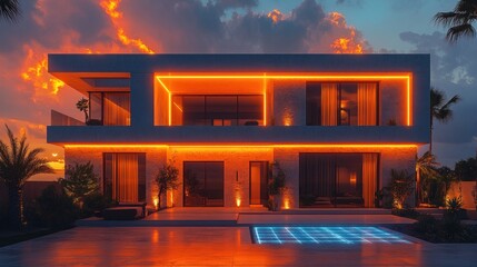 Modern Luxury House Illuminated At Sunset