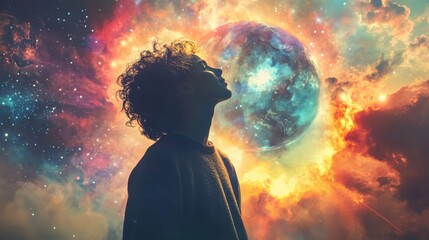 Silhouette of a person gazing up at a cosmic nebula.  An abstract concept of hope, dreams, and spirituality.